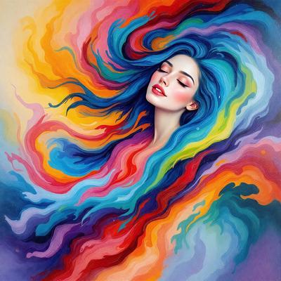 The primary subject of the image is a woman with long, colorful hair. She is the main focus of the image, and her hair is the most prominent feature. The setting is a colorful, abstract background that complements the woman's vibrant hair. The visual style of the image is a combination of digital art and illustration, creating a unique and artistic representation of the woman. The colors and mood of the image are lively and energetic, with the woman's hair being the main source of color